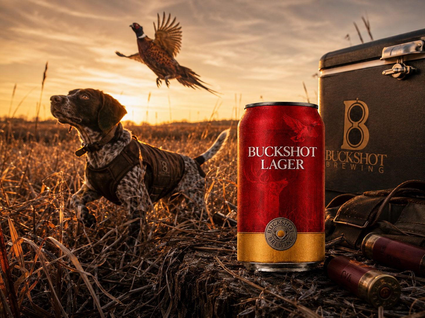 Buckshot Lager concept scene with a hunting dog and pheasant at sunset
